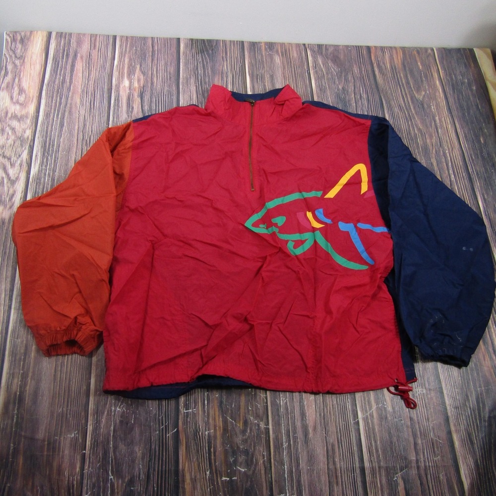 Reebok Jacket Mens L Red 1/4 Zip Windbreaker Lined Fish Graphic Colorblock